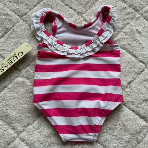 Guess | Pink and Cream Ruffle Striped Floral One piece Swim | Size 12 Months - Picture 2 of 8